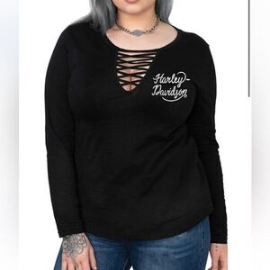 Harley-Davidson- Women's Grunge Ribbon Long Sleeve Cut-Out V-Neck Tee, Size M